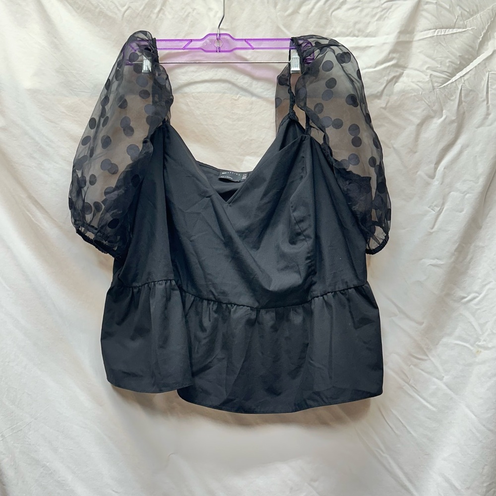 ASOS Curve Black Peplum Top With Polka Dot Puffy Sleeves Size 24